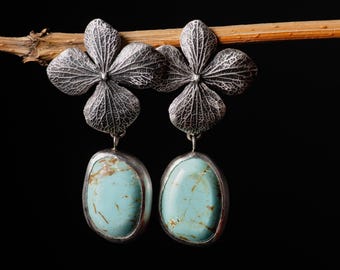 Turquoise Statement Sterling Silver Earrings-Hydrangea Turquoise Earrings,Bold Turquoise Earrings-Alternative Wedding Earrings-OOAK Earrings