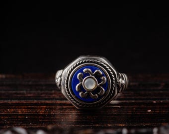 Vintage Sterling Silver Lapis and Moonstone Ring-Medieval Style Ring-Ancient Greek Inspired Ring-Antiqued Silver Lapis Ring-EU SIZE 56