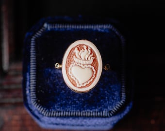 14K Solid Gold Sacred Heart Cameo Ring, Handcrafted Shell Cameo Jewelry, Black Diamond Ring, Vintage Inspired Heirloom