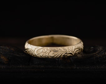 14K Solid Gold Leaves and Flowers Patterned Ring-Flowers Gold Ring-Wedding Band Rings-14K Gold Leaves Ring-Vintage Inspired Ring