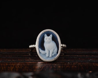 Cat Cameo Ring-Sterling Silver Agate Cameo Ring-Cat Ring-Cameo Jewellery-Cat Jewelry-Victorian Inspired