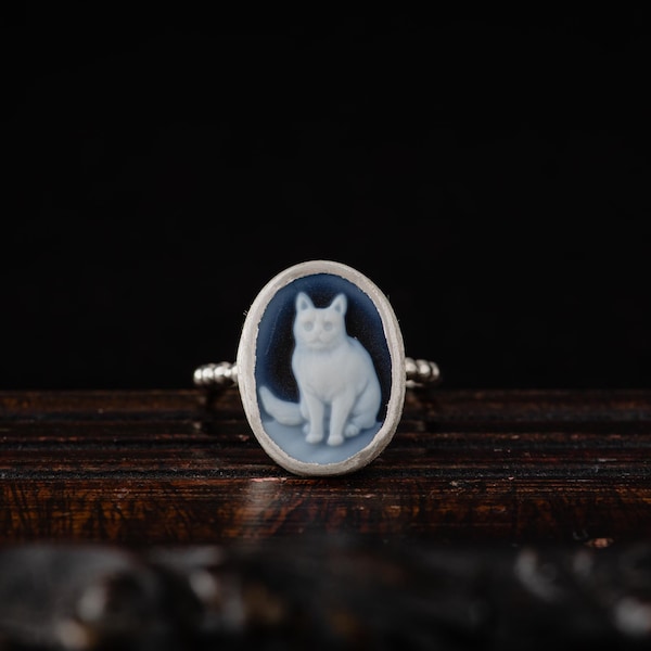 Cat Cameo Ring-Sterling Silver Agate Cameo Ring-Cat Ring-Cameo Jewellery-Cat Jewelry-Victorian Inspired