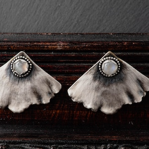Moonstone Ginkgo Leaf Studs-Sterling Silver Moonstone Ginkgo Biloba Earrings-Bohemian Chic Earrings- Moonstone Earrings-Statement Earrings