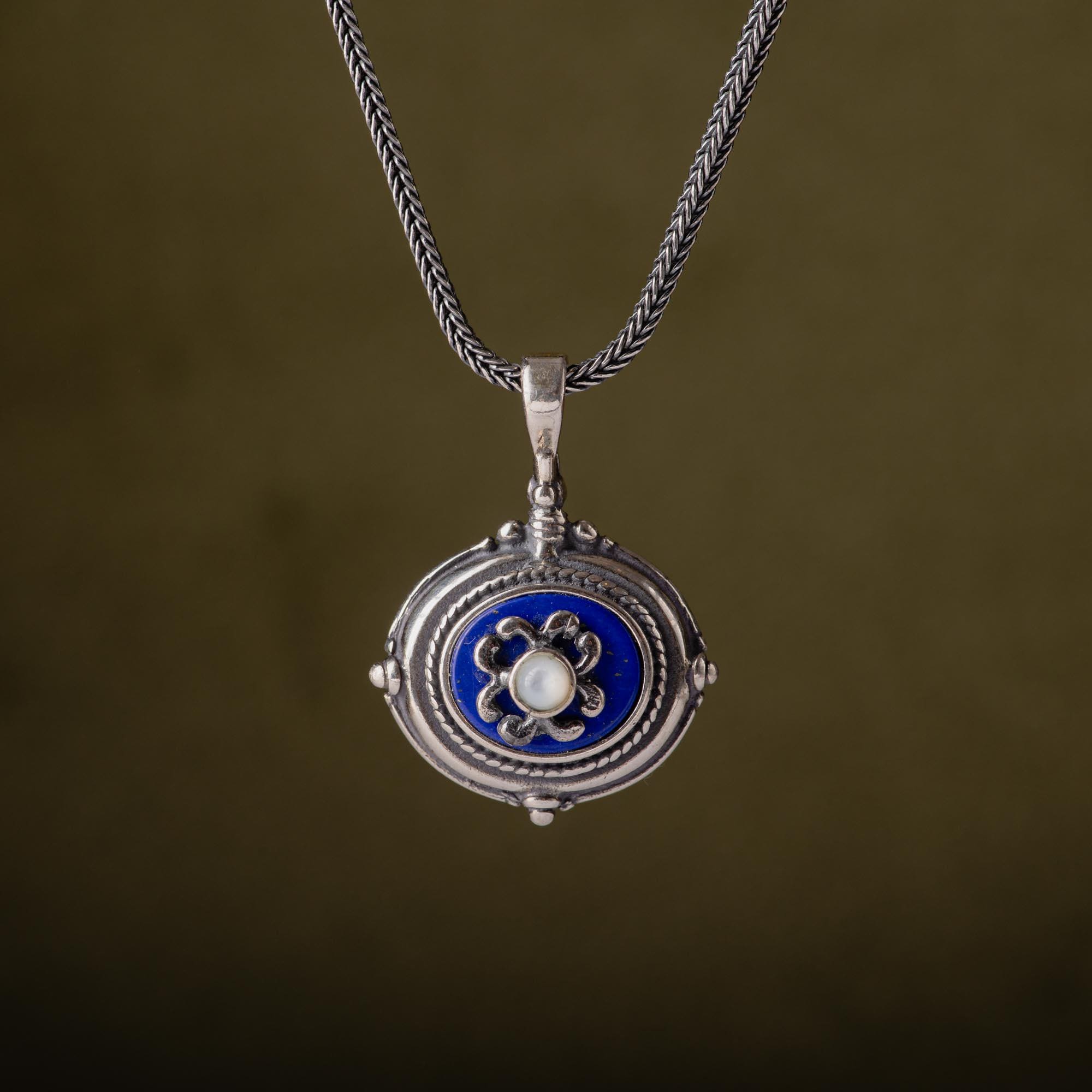 Vintage Lapis Lazuli Pendant with Moonstone-Lapis Lazuli Silver Pendant-Natural Lapis Sterling Silver Necklace-Romantic Pendants-Antiqued