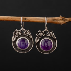 Amethyst Earrings-Sterling Silver Amethyst Earrings-Purple Amethyst Roses Earrings-February Birthstone Earrings-Romantic Earrings
