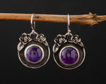 Amethyst Earrings-Sterling Silver Amethyst Earrings-Purple Amethyst Roses Earrings-February Birthstone Earrings-Romantic Earrings