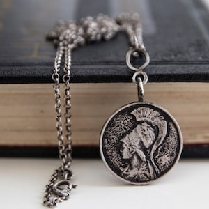 Goddess Athena Pendant-Sterling Silver Athena Coin Pendant -Ancient Greek Replica Coin Necklace- Oxidised Long Vintage Necklace