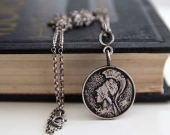 Goddess Athena Pendant-Sterling Silver Athena Coin Pendant -Ancient Greek Replica Coin Necklace- Oxidised Long Vintage Necklace