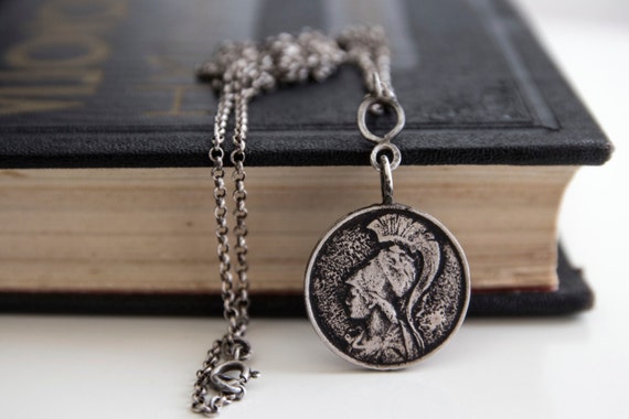 Goddess Athena Pendant-Sterling Silver Athena Coin Pendant -Ancient Greek Replica Coin Necklace- Oxidised Long Vintage Necklace