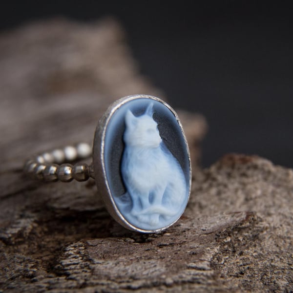 Cat Cameo Ring-Sterling Silver Agate Cameo Ring-Cat Ring-Cameo Jewellery-Cat Jewelry
