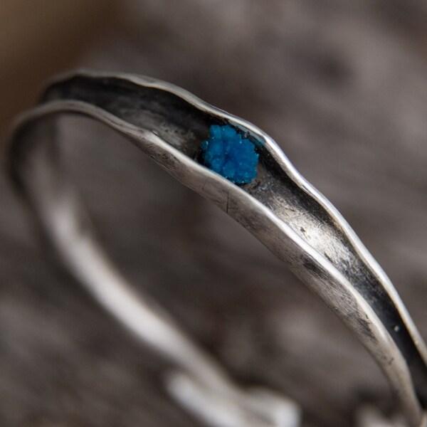 Cavansite Sterling Silver Bangle Bracelet-Hand Sculpted Folded Rough Blue Cavansite Bracelet-Unique Sterling Silver Jewelry