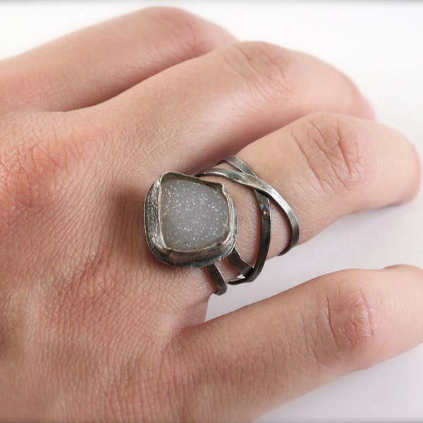 Druzy Quartz Sterling Silver Wraparound Ring- OOAK Rough Stone Ring- Unique-Oxidized- Modern-Sparkling-Size 7