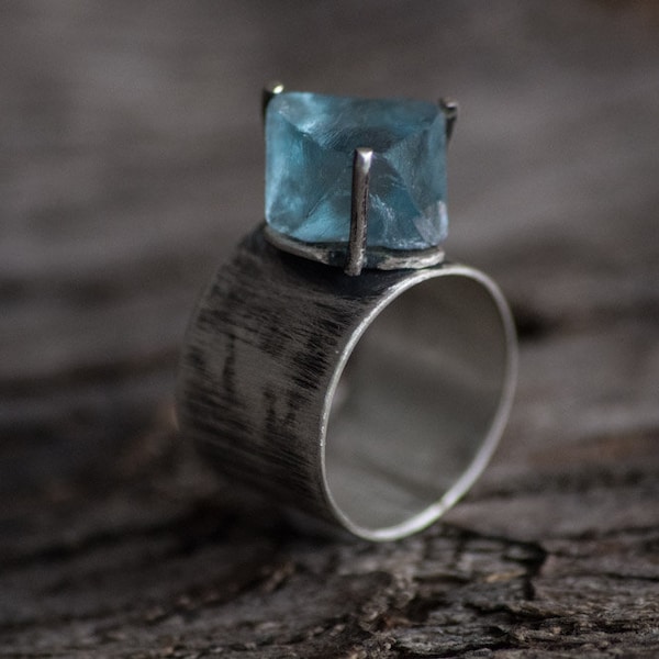 RESERVED for Yang-Rough Fluorite Sterling Silver Ring-Blue Green Raw Fluorite Ring-Fluorite Crystal Wide Vintage Inspired Ring