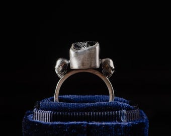 Raw Black Tourmaline Skull Ring, Sterling Silver Gothic Ring, Memento Mori Jewelry, One of a Kind Statement Ring
