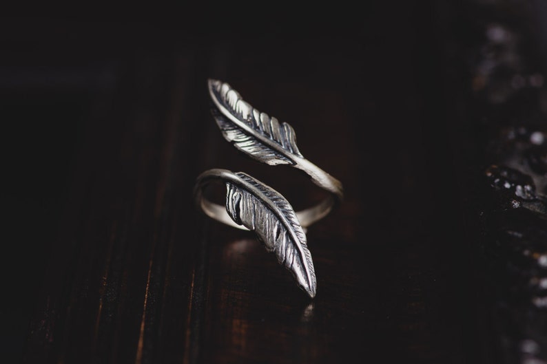 Sterling Silver Feather Ring-Index Finger Ring-Feather Wrap Ring-Bohemian Ring-Adjustable Double Feather Ring-Gypsy Rings-Bohemian Jewellery image 1
