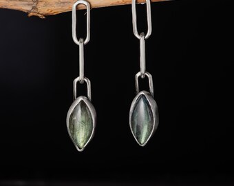 Labradorite Paperclip Earrings, Sterling Silver Drop Earrings, Marquise Labradorite Earrings, Modern Dangle Earrings, Minimal Jewelry