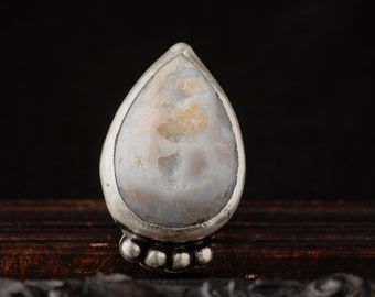 White Druzy Agate Ring-Sterling Silver Raw Druzy Sterling Silver Ring-Chunky Teardrop Agate Ring-US Size 7.5-Unique Statement Rings