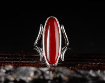 Red Carnelian Statement Ring, Sterling Silver Elongated Carnelian Ring, Vintage Inspired Red Gemstone Jewelry-Artisan Rings