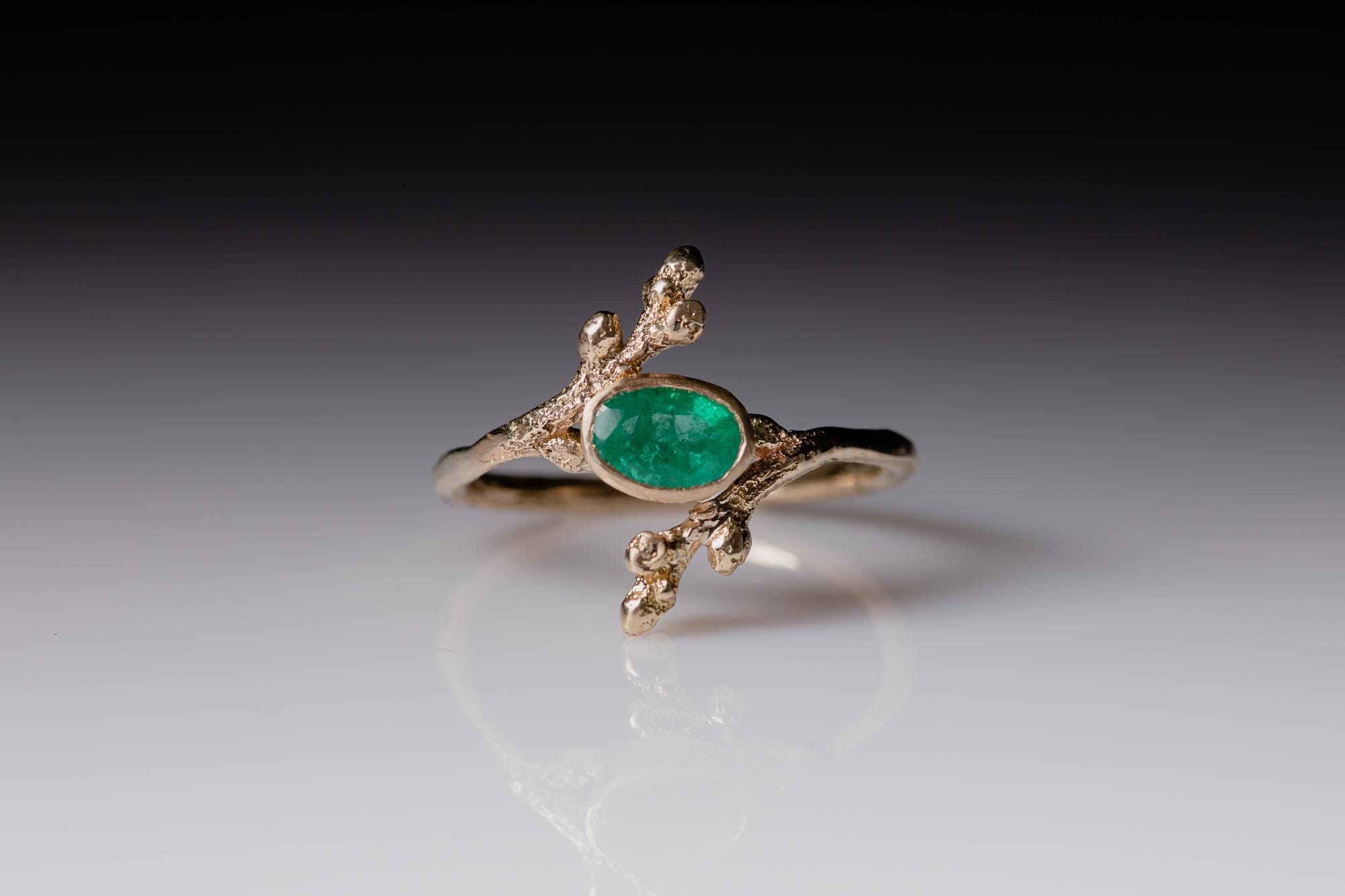 14K Gold Emerald Ring-Solid Gold Emerald Twig Ring-Gold Twig Ring-Engagement Ring-Emerald Ring-Alternative Wedding Ring-Gold Rustic Ring
