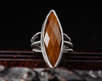 Faceted Tiger Eye Sterling Silver Ring, Sterling Silver Mustard Brown Tiger Eye Statement Ring, Claw Inspired Jewelry