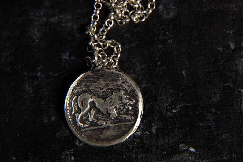 May include: A silver necklace with a round pendant featuring a detailed lion design. The pendant is hanging on a silver chain.