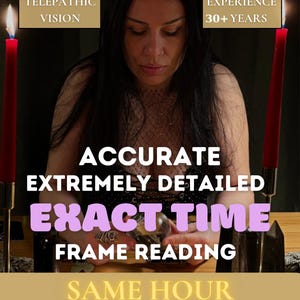 Puede incluir: Imagen de una mujer con cabello oscuro, iluminada por velas rojas, ofreciendo lecturas psíquicas. El texto incluye "Accurate, Extremely Detailed, Exact Time Frame Reading, Same Hour." Textos adicionales: "Telepathic Vision" y "Experience 30+ Years."