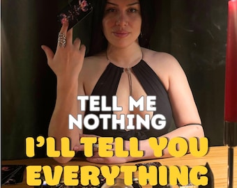 May include: A person in a black halter top sits at a wooden table with tarot cards, a crystal ball, and candles. Text reads: TELEPATHIC VISION, EXPERIENCE 30+ YEARS, TELL ME NOTHING I'LL TELL YOU EVERYTHING, SAME HOUR. The person wears a silver ring.