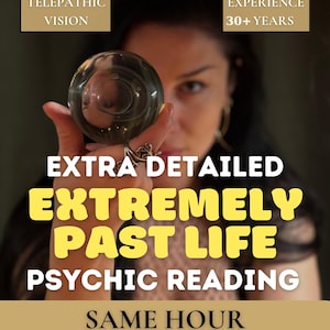 Puede incluir: Imagen que promociona lecturas psíquicas. El texto incluye "Visión telepática" y "Experiencia +30 años". El texto principal dice "Lectura psíquica extremadamente detallada de vidas pasadas, misma hora". Una mujer sostiene una bola de cristal.