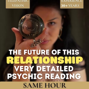 Op de afbeelding: Afbeelding van een vrouw die een kristallen bol vasthoudt, met tekst: "TELEPATHIC VISION" en "EXPERIENCE 30+ YEARS." De hoofdtekst luidt: "THE FUTURE OF THIS RELATIONSHIP VERY DETAILED PSYCHIC READING SAME HOUR."