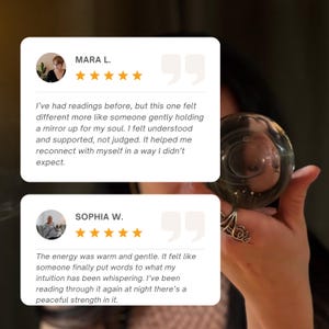 May include: The image shows two customer reviews, each with a five-star rating. The first review is from Mara L., and the second is from Sophia W. A clear crystal ball is held by a person. The reviews share positive experiences.