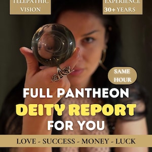 May include: A clear glass sphere held in a hand, featuring a silver ring with intricate filigree. Text overlays read: TELEPATHIC VISION, EXPERIENCE 30+ YEARS, SAME HOUR, FULL PANTHEON DEITY REPORT FOR YOU, and LOVE - SUCCESS - MONEY - LUCK.