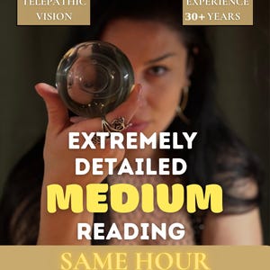 May include: An image promoting a medium reading service. The image features a woman holding a crystal ball. Text includes "Telepathic Vision," "Experience 30+ Years," and "Extremely Detailed Medium Reading - Same Hour."