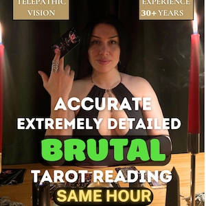 May include: A person in a black top holding a tarot card with text reading TELEPATHIC VISION, EXPERIENCE 30+ YEARS, ACCURATE EXTREMELY DETAILED BRUTAL TAROT READING SAME HOUR. Two red candles in silver holders and small candles sit on a wooden table.