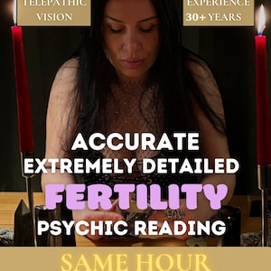 Può includere: Immagine di una donna con lunghi capelli neri, illuminata da due candele rosse. Sovrapposizioni di testo: "Visione telepatica", "Esperienza 30+ anni" e "Lettura psichica della fertilità accurata ed estremamente dettagliata - Stessa ora."