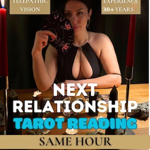 Puede incluir: Una mujer sosteniendo un abanico con un diseño floral, con el texto "Next Relationship Tarot Reading Same Hour". La imagen también incluye el texto "Telepathic Vision" y "Experience 30+ Years". Dos velas rojas a cada lado.