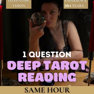 Puede incluir: Imagen que promociona un servicio de lectura de tarot. El texto dice "1 QUESTION DEEP TAROT READING SAME HOUR". La imagen presenta a una mujer sosteniendo una bola de cristal, con texto arriba que dice "TELEPATHIC VISION" y "EXPERIENCE 30+ YEARS".