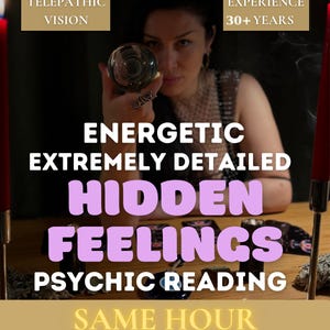 Puede incluir: Imagen que promociona lecturas psíquicas. El texto incluye "Visión telepática", "Experiencia +30 años", "Energético", "Extremadamente detallado", "Sentimientos ocultos", "Lectura psíquica" y "Misma hora". Se ve una bola de cristal.