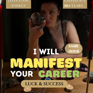 May include: A clear crystal ball held in a hand, surrounded by red candles, tea lights, and tarot cards on a wooden surface. Text reads: TELEPATHIC ENERGY, EXPERIENCE 30+ YEARS, SAME HOUR, I WILL MANIFEST YOUR CAREER, LUCK & SUCCESS.
