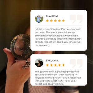 May include: Two white speech bubbles with customer testimonials are set against a blurred background. Each bubble contains a customer's name, a photo, and a five-star rating. The testimonials describe a positive experience with a service.