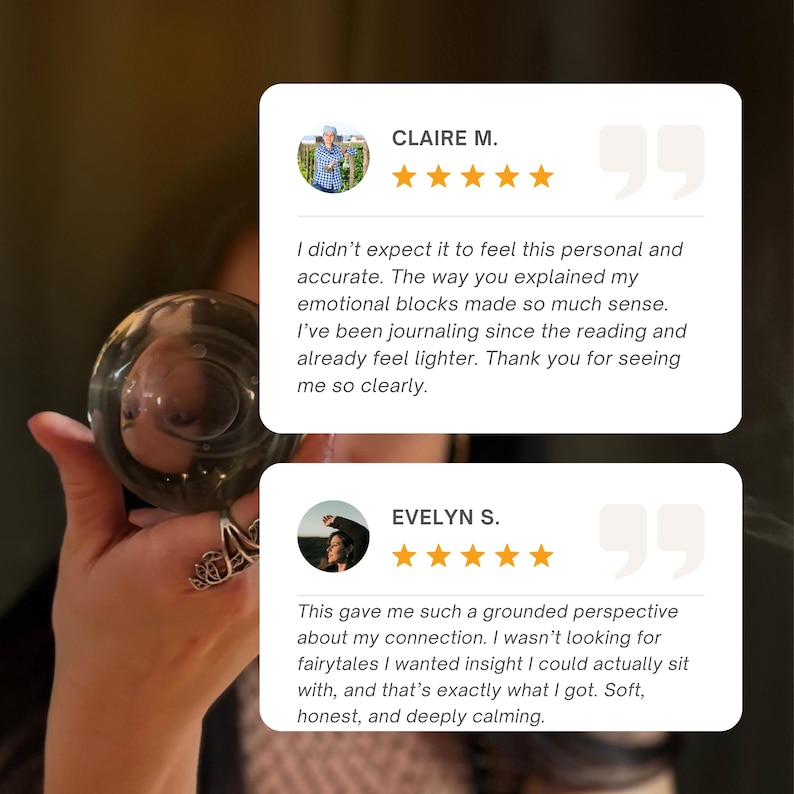 May include: Two white speech bubbles with customer testimonials are set against a blurred background. Each bubble contains a customer's name, a photo, and a five-star rating. The testimonials describe a positive experience with a service.