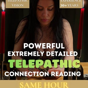 Könnte beinhalten: Das Bild zeigt eine Frau mit dunklem Haar, beleuchtet von zwei roten Kerzen. Text-Overlays lesen: "Telepathische Vision", "Erfahrung 30+ Jahre" und "Kraftvolle, extrem detaillierte telepathische Verbindungslesung - Gleiche Stunde."