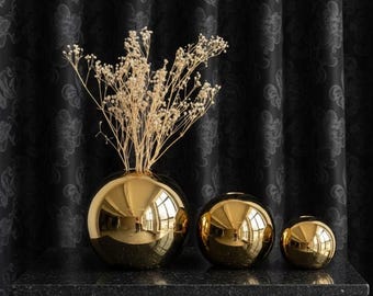 Gold Ceramic Sphere Vase, Round Sculptural Centerpiece, Modern Minimalist Decor