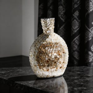 May include: A decorative vase with a rounded body and a narrow neck. The vase is covered in small, round, iridescent shell pieces, with a central area of warm, golden-brown shells. The vase sits on a dark, reflective surface.
