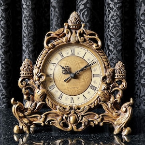 Puede incluir: Reloj de cuarzo dorado ornamentado con números romanos. El reloj presenta un diseño intrincado con adornos decorativos y una esfera detallada. La palabra "QUARTZ" está impresa en la parte inferior de la esfera. Un artículo de decoración del hogar.