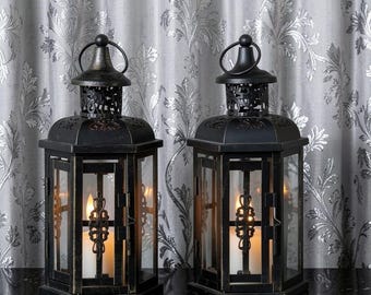 Lanterne en métal noir - bougeoir pilier vintage, décor nordique rustique (Ensemble de 1 ou 2)