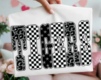 Retro Tigers PNG: Checkerboard Leopard Star Letters, School Spirit Game Day Shirt Design, Varsity Mascot Sublimation PNG, Team Pride Png