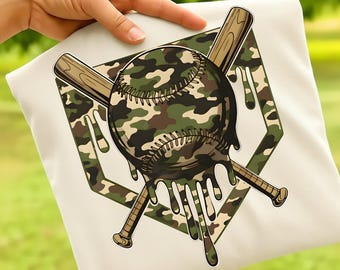 Camo Baseball PNG, clipart baseball dégoulinant, conception de sport camouflage militaire pour téléchargement numérique par sublimation
