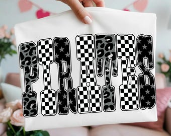 Piraten Maskottchen PNG Shirt Design: Schwarz Weiß Leopard Stern Checker Buchstaben, Schul Spirit Team PNG, digitaler Download