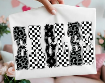 Eagles PNG, Retro Checkered Leopard Star Letters, Game Day School Spirit Shirt, Black White Bold Text Sublimation Design PNG