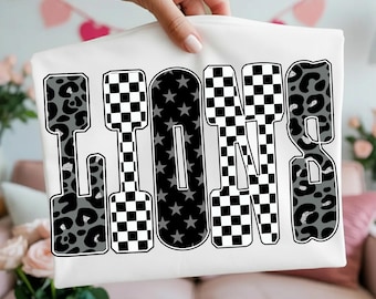 Lions PNG: Football Game Day Leopard Checkered Letters with Lion Head Sublimation, Team Spirit Fall Shirt Design, Digital Download